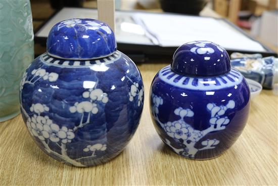 A Chinese blue and white dragon vase, a figure, two jars, teabowl and a famille verte vase